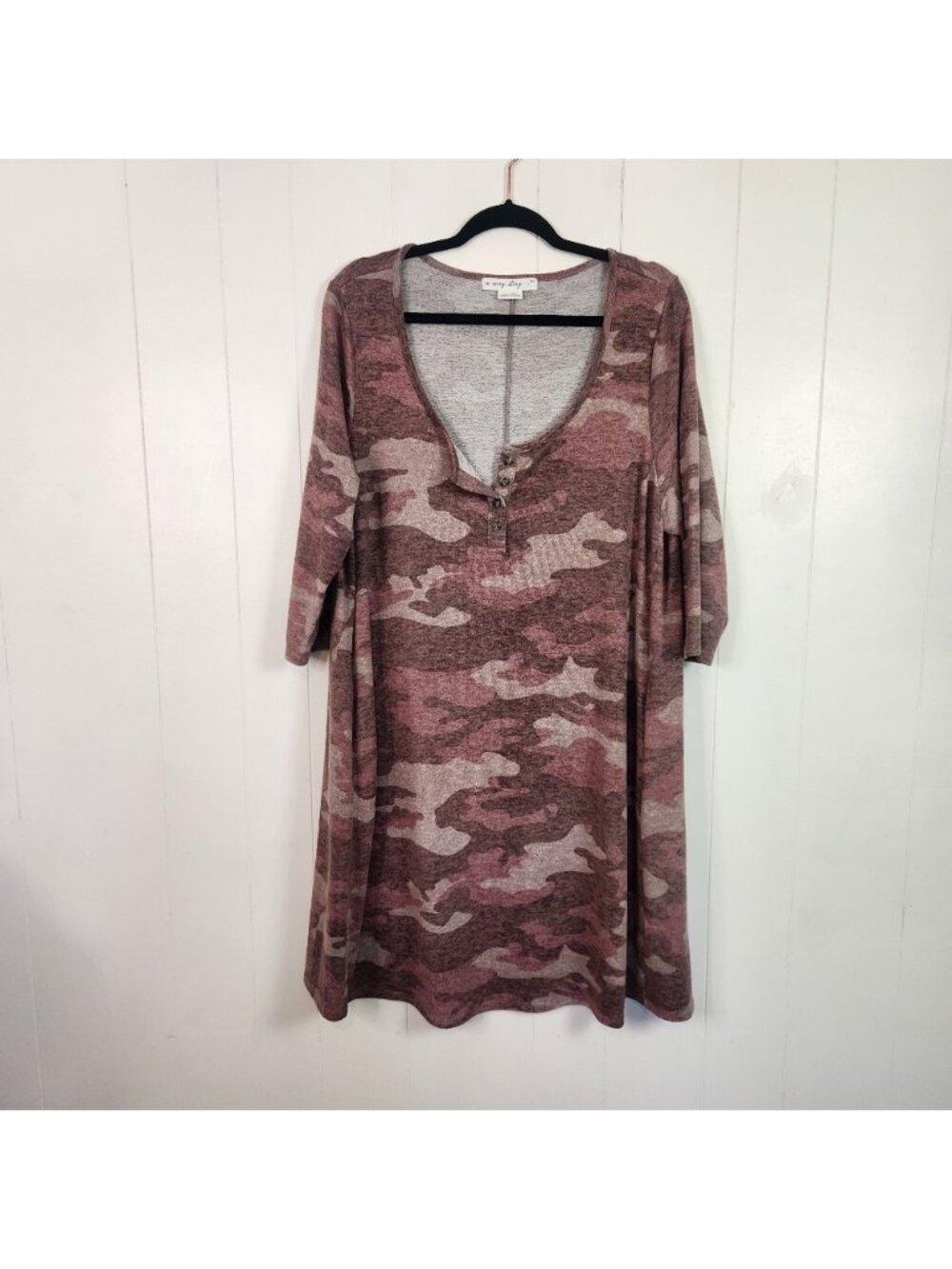 Penningtons Pink Camo 3/4 Sleeves Plush Dress Tunic Henley Size 0X XL Stretchy